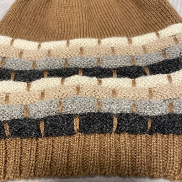 Women’s Classic 100% ALPACA Justin Hazelnut Camel Gray Striped Beanie Hat - Picture 2 of 9